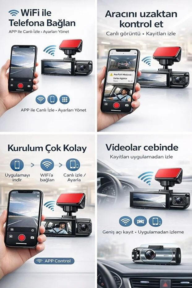 Wifi 1080p Araç İçi Çift Kameralı Lcd Ekranlı Gece Görüşlü G-sensör Geri Görüş Kamera